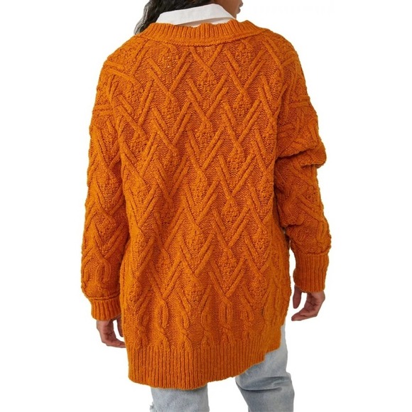 Free People Montana Cable Knit button front w/ pockets burnt orange Cardigan szS - Picture 9 of 14